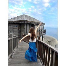 批发烟熏桃桃 Embertia复古蓝色度假不规则花边设计刺绣提花a字<b class='q'>半身裙</b>