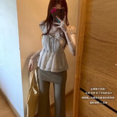 批发韩系纯欲温柔感<b class='q'>蕾丝</b>条纹短袖衬衫屁帘休闲裤套装女夏季小众超好看