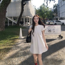 批发neurcz短袖娃娃领直筒<b class='q'>连衣裙</b>女春夏92棉显瘦宽松泡泡袖白色裙子装