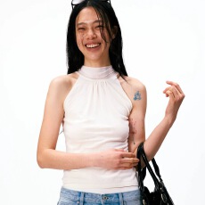 批发alright then 飘带立领拼接<b class='q'>真丝</b>挂脖收腰毛织<b class='q'>背心</b>