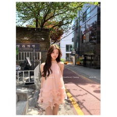 批发CloudSweet白云甜 铃兰夏序 氛围感粉色挂脖连衣裙无袖短款蛋糕