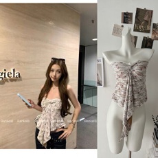 批发板栗可可Bankelili'恋恋仲夏'豹纹印花抹胸辣妹设计感飘带上衣女
