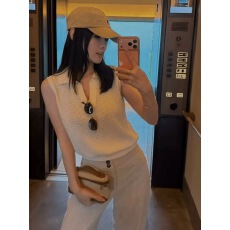 批发法式复古Polo领镂空冰丝针织<b class='q'>背心女</b>夏季轻薄透气显瘦百搭无袖上衣