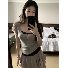 批发sheepland纯氧辣妹 天丝羊毛U领短袖T恤<b class='q'>蕾丝</b>拼接打底吊带<b class='q'>套装</b>女夏