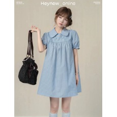 批发HEYNEW少女感蓝色格子娃娃领泡泡短袖连衣裙夏季复古甜美a字裙女