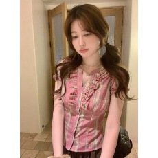 批发PtonUmi小樽来信 V领收腰短袖<b class='q'>衬衫女</b>夏荷叶边小衫泡泡袖甜美上衣