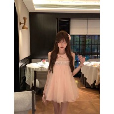 批发桃粉名怜 浅粉珠子织带千金少女公主<b class='q'>娃娃</b>领A摆<b class='q'>连衣裙</b>