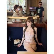 批发Lukira 悠悠夏日 纯色条纹系带连衣裙外搭开衫女夏季针织两件套装