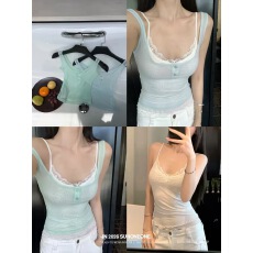 批发SUNONEONE 韩系辣妹休闲<b class='q'>套装</b>女夏蕾丝吊带纽扣修身U领背心两件套