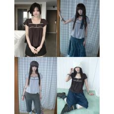 批发ang:project 5/13新品自制古早森系<b class='q'>木</b>扣花边拼接纹理感短袖上衣
