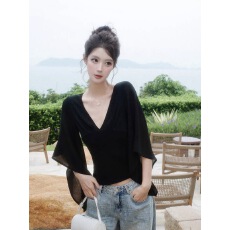 批发谢不肉 莱赛尔<b class='q'>V领</b>七分袖短款<b class='q'>T</b><b class='q'>恤</b>女夏季时尚气质收腰显瘦百搭上衣