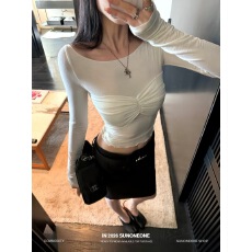 批发SUNONEONE 抽褶蝴蝶结木耳边圆领长袖针织衫<b class='q'>女</b>夏修身套头打底上衣