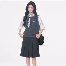 批发8.5新品WESTAYONE针织马甲+长袖<b class='q'>衬衫</b>+百褶中裙韩系学院风套装