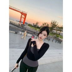 批发Farte Shop叠穿秘诀 V领抹胸长袖T恤两件套女春秋收腰上衣