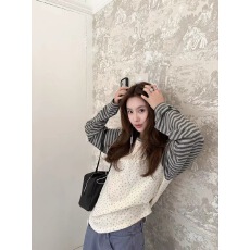 批发heese'折纸篇章'上衣女美式插肩袖小众宽松显瘦长袖碎花条纹T恤
