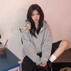 批发韩系慵懒风半拉链连帽卫衣女2026秋冬加绒宽松百搭灰色星星上衣潮