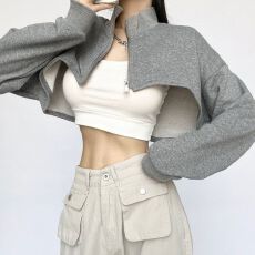 批发100聚酯纤维 长<b class='q'>袖</b>运动上衣显瘦拉链短款外套女翻领露脐<b class='q'>半截</b>卫衣