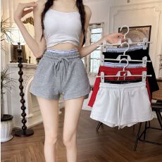 批发字母印花高腰显瘦假两件抽绳松紧短裤休闲裤热裤