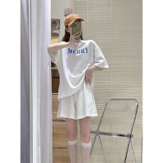 批发跨境休闲运动套装字母短袖T恤女学生<b class='q'>夏</b>季宽松外穿阔腿短裤两件套