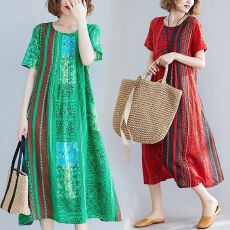 批发2025夏季新款宽松显瘦中年妈妈装印花<b class='q'>复古</b><b class='q'>文艺</b>中长款连衣裙潮流