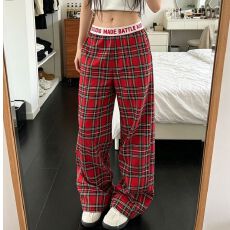 批发大码美式复古腰头拼接红格子裤男女新款格纹宽松显瘦直筒长裤子