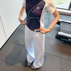 批发大码美式复古腰头拼接蓝色条纹裤男女新款格纹宽松显瘦直筒长裤子