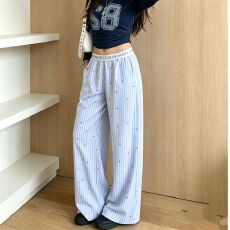 批发美式复古腰头拼接蓝色条纹爱心裤男女新款格纹宽松显瘦直筒长裤子