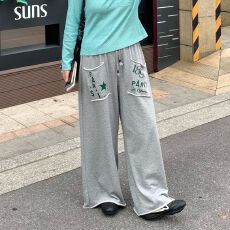 批发美式复古手套口袋印花<b class='q'>百搭</b>运动休闲裤男女显瘦灰色卫裤阔腿裤长裤