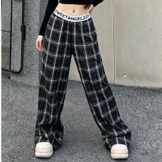 批发美式街头闪钻格纹休闲裤女字母拼接腰头宽松阔腿显瘦垂感直筒长裤