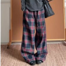 批发休闲慵懒风简约格子阔腿裤女2026秋季薄款高腰宽松显瘦长裤家居裤