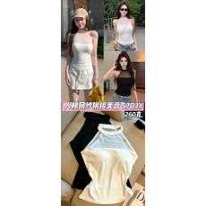 批发人棉网纱拼接挂脖美背背心女修身显瘦半高领无袖打底吊带上衣