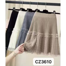批发秋冬竖纹针织亮闪网纱百褶短裙松紧高腰温柔风拼接纱裙