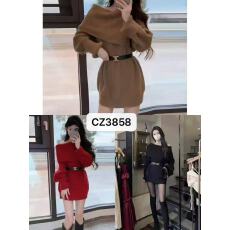 批发翻领针织<b class='q'>连衣裙</b>女 配腰带收腰显瘦包臀毛衣裙