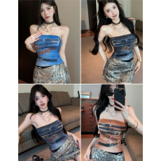 批发复古皮带印花抹胸女 带胸垫人棉修身辣妹外穿短款上衣
