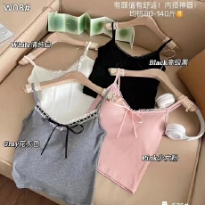 批发蕾丝花边蝴蝶结吊带背心女 温柔修身螺纹内搭打底
