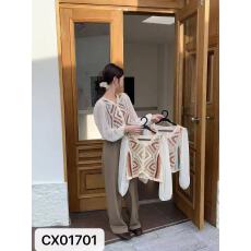 批发波西米亚几何钩花上衣女 V 领拼接雪纺<b class='q'>泡泡袖</b>假两件