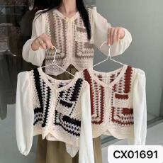 批发撞色条纹钩花假两件上衣女 带口袋雪纺<b class='q'>泡泡袖</b>小衫