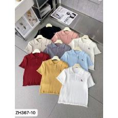 批发木耳边 Polo 领针织短袖 小马刺绣修身坑条短款 T 恤