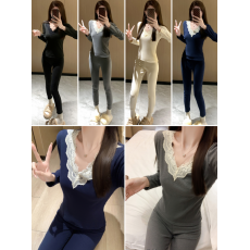 批发德绒保暖内衣套装女 <b class='q'>蕾丝</b> V 领修身秋衣秋裤两件套