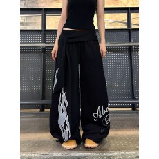 批发重磅320克纯棉复合#火焰印花绑带弯刀卫裤<b class='q'>男</b>女爵士舞宽松阔腿<b class='q'>长裤</b>