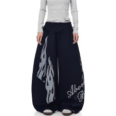 批发纯棉华棉复合牛奶丝320克足#火焰<b class='q'>印花</b>绑带宽松阔腿裤设计休闲裤女