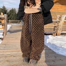 批发原版面料保暖加厚秋冬款复古慵懒风韩系抽绳波点颗粒绒过冬休闲裤