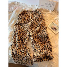 批发双面绒有口袋有束脚绳可外穿美式豹纹睡裤女冬季保暖毛绒休闲长裤