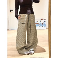 批发广州原版面料#美式复古条纹刺绣休闲裤<b class='q'>女</b>宽松抽绳微弯刀阔腿长裤