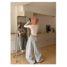 批发纯棉华棉复#美式字母刺绣叠褶休闲<b class='q'>裤</b>女宽松垂感爵士阔腿束脚卫<b class='q'>裤</b>