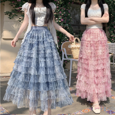 批发2026夏季新款法式扎染网纱<b class='q'>半身裙</b>高腰温柔风蛋糕<b class='q'>百褶</b>蓬蓬裙