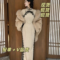 批发画报夫人长袖蕾丝拼接旗袍修身显瘦秋冬款加厚