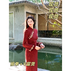 批发复古加绒加厚新中式红色订婚礼服改良旗袍女冬装刺绣敬酒服连衣裙