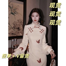 批发复古刺绣蝴蝶超仙加绒加厚秋冬款改良旗袍连衣裙