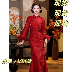 批发复古改良旗袍连衣裙红色结婚订婚过年宴会加绒加厚款